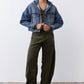Loose dark green corduroy barrel pants, full-length with roomy straight/wide legs