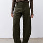 Dark green corduroy barrel pants with wide legs and a mid-rise waistband