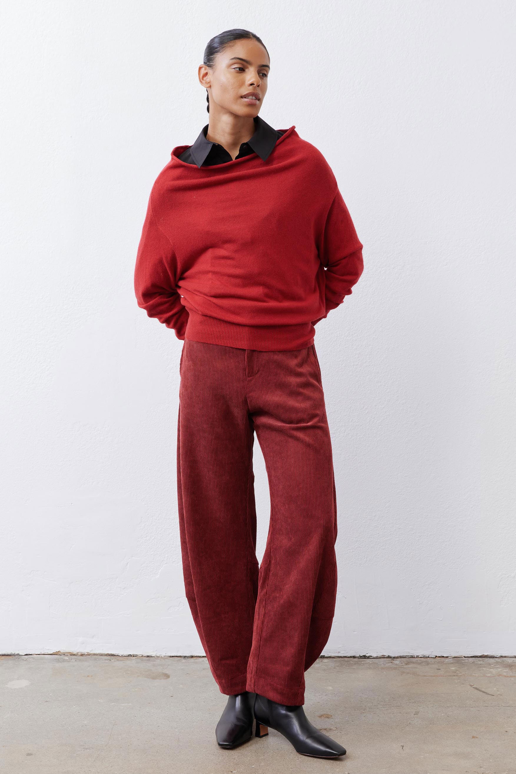 Loose barrel corduroy pants in pomegranate red, wide leg with relaxed fit