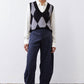 Dark navy corduroy barrel pants with loose fit and elastic waistband