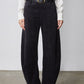 Black corduroy pants with belt loops, button fly, and wide leg opening