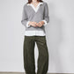 Relaxed barrel corduroy pants in dark olive with full-length straight legs and pockets