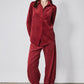Pomegranate red corduroy barrel-leg pants, relaxed fit, ankle length, side pockets