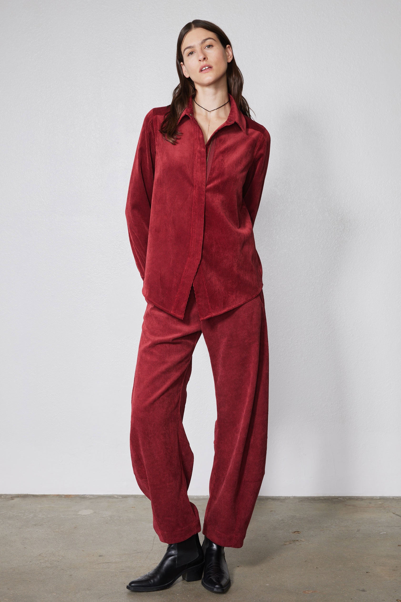 Pomegranate red corduroy barrel-leg pants, relaxed fit, ankle length, side pockets
