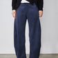 Blue corduroy barrel pants with high-rise waistband and wide legs