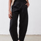 Black loose linen pants with button front, relaxed tapered legs and ankle-length hem