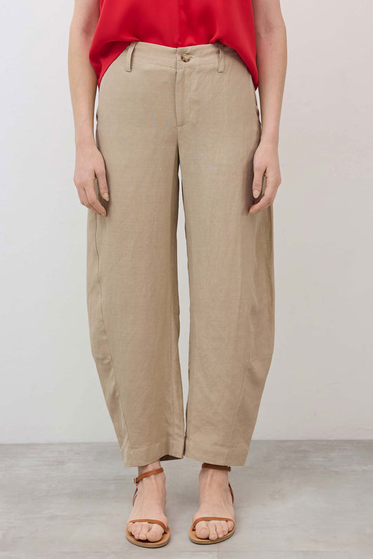 High-rise linen-silk pants in light gray-beige with button fly and side pockets