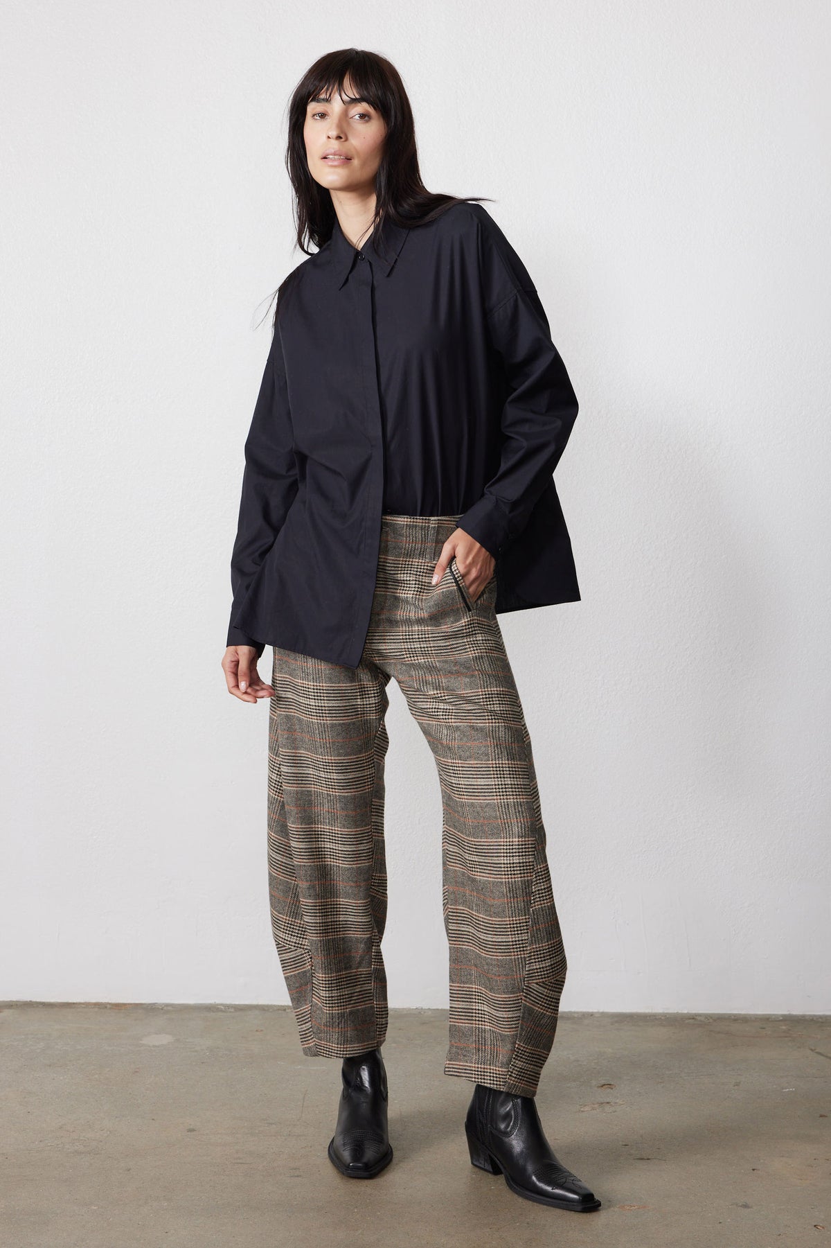 Brown plaid wide-leg pants with elastic back waistband and button-front detail