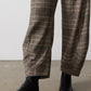 Brown plaid barrel pants with wide leg and straight hem opening