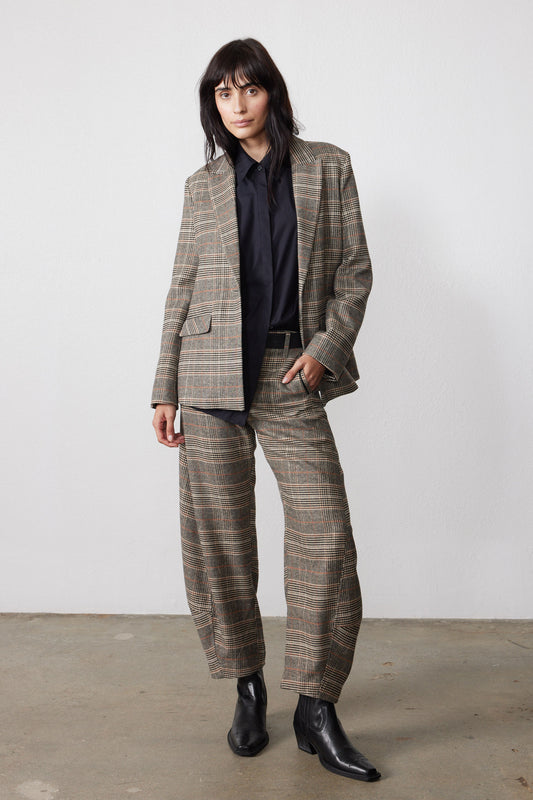 Brown plaid blazer with black elbow patches