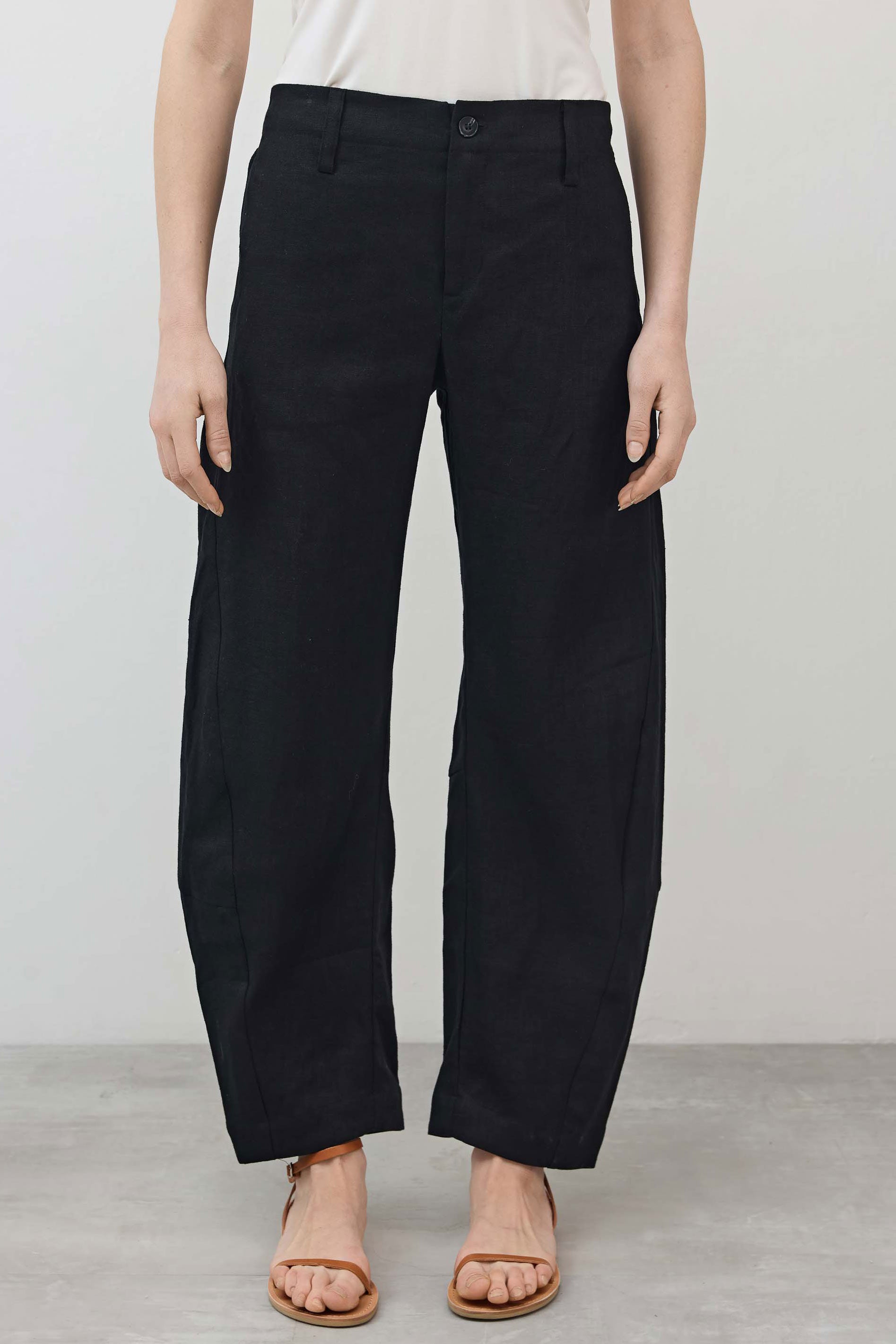 Black linen trousers with wide leg silhouette, button front, and ankle-length hem