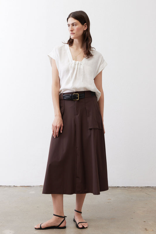 Coffee utility midi skirt with side pockets, button tab waist