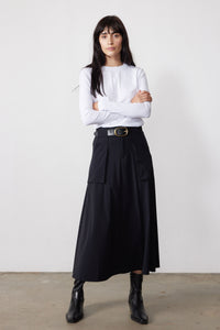 Black utility midi skirt with belt and front flap pockets, cargo-style seams