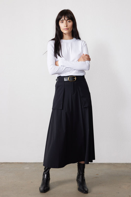 Black utility midi skirt with belt and front flap pockets, cargo-style seams
