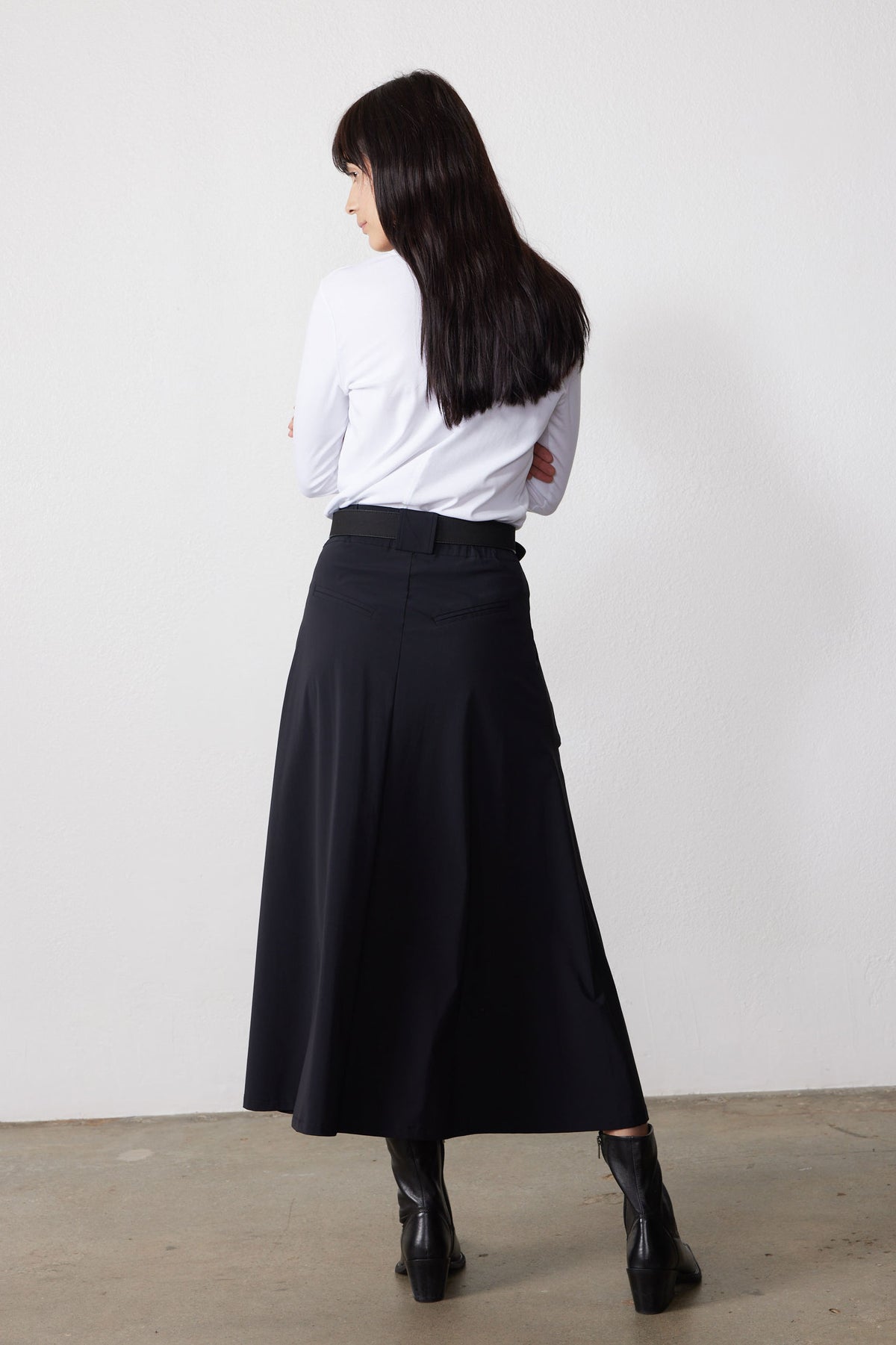 Black utility midi skirt with side panels and flared hem