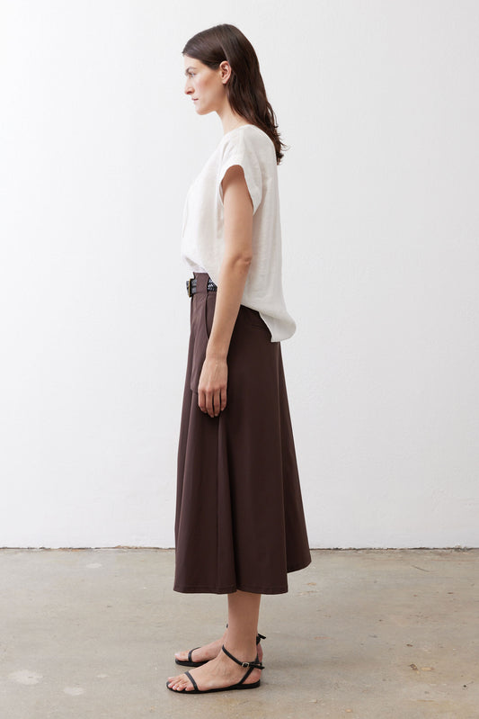 Coffee-brown utility midi skirt with button front and side pockets