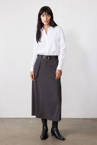 Graphite utility skirt with front pockets, belt loops, and wide black belt