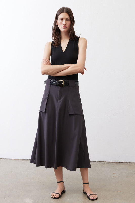 Graphite utility skirt midi length with belt loops and cargo pockets