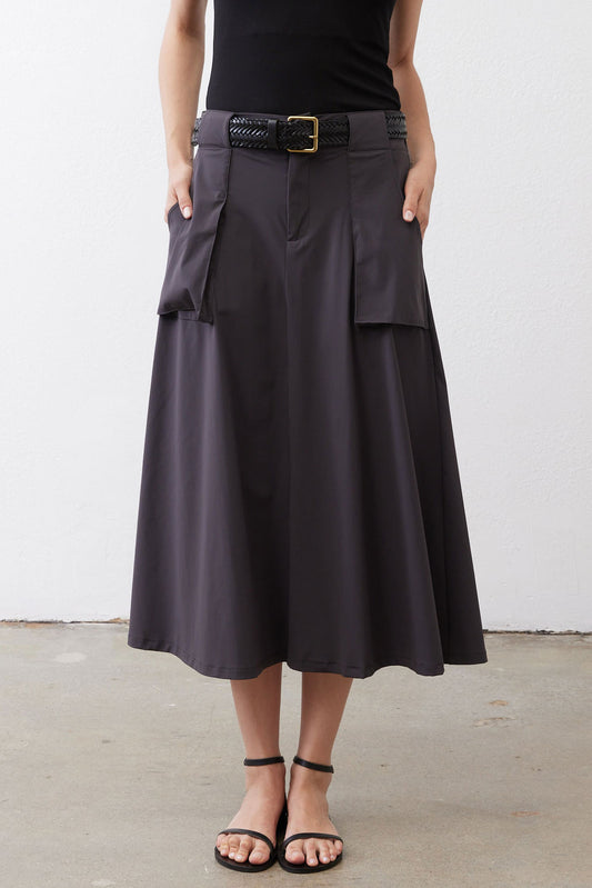 Graphite utility skirt full front, button closure, belt loops, layered cargo pockets.