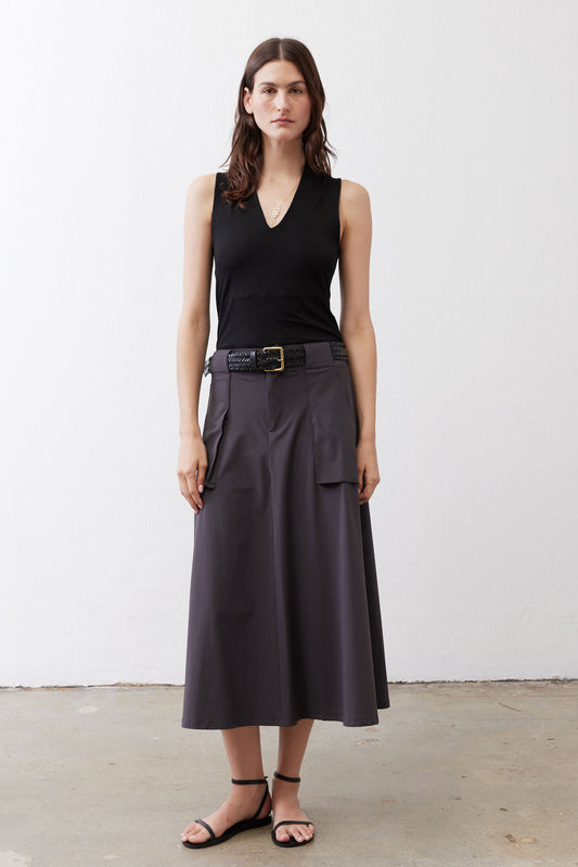 Black sculpted sleeveless V-neck tank top, fitted and close to body