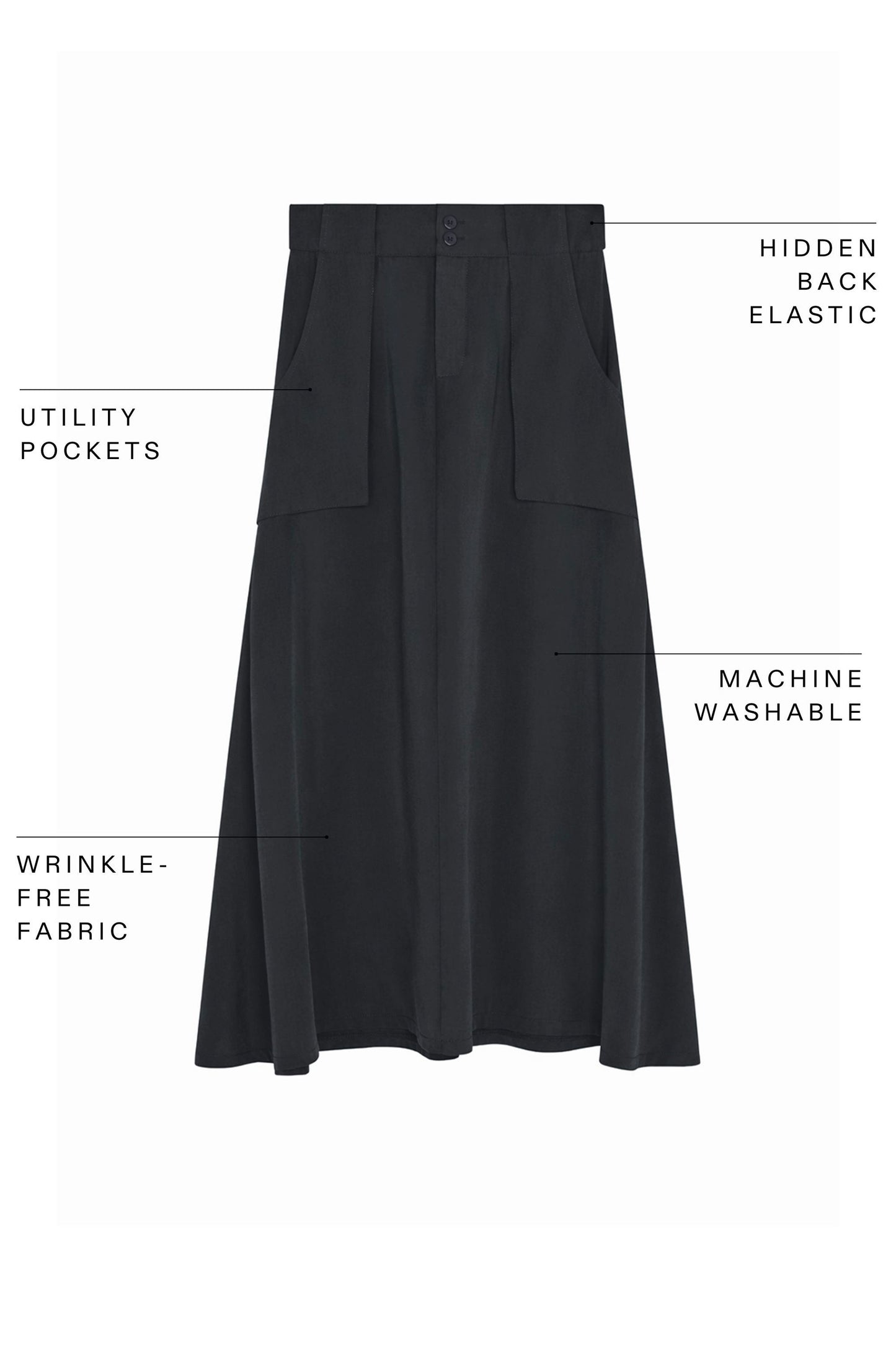 Black utility midi skirt with pleated front, cargo pockets, and wide waistband