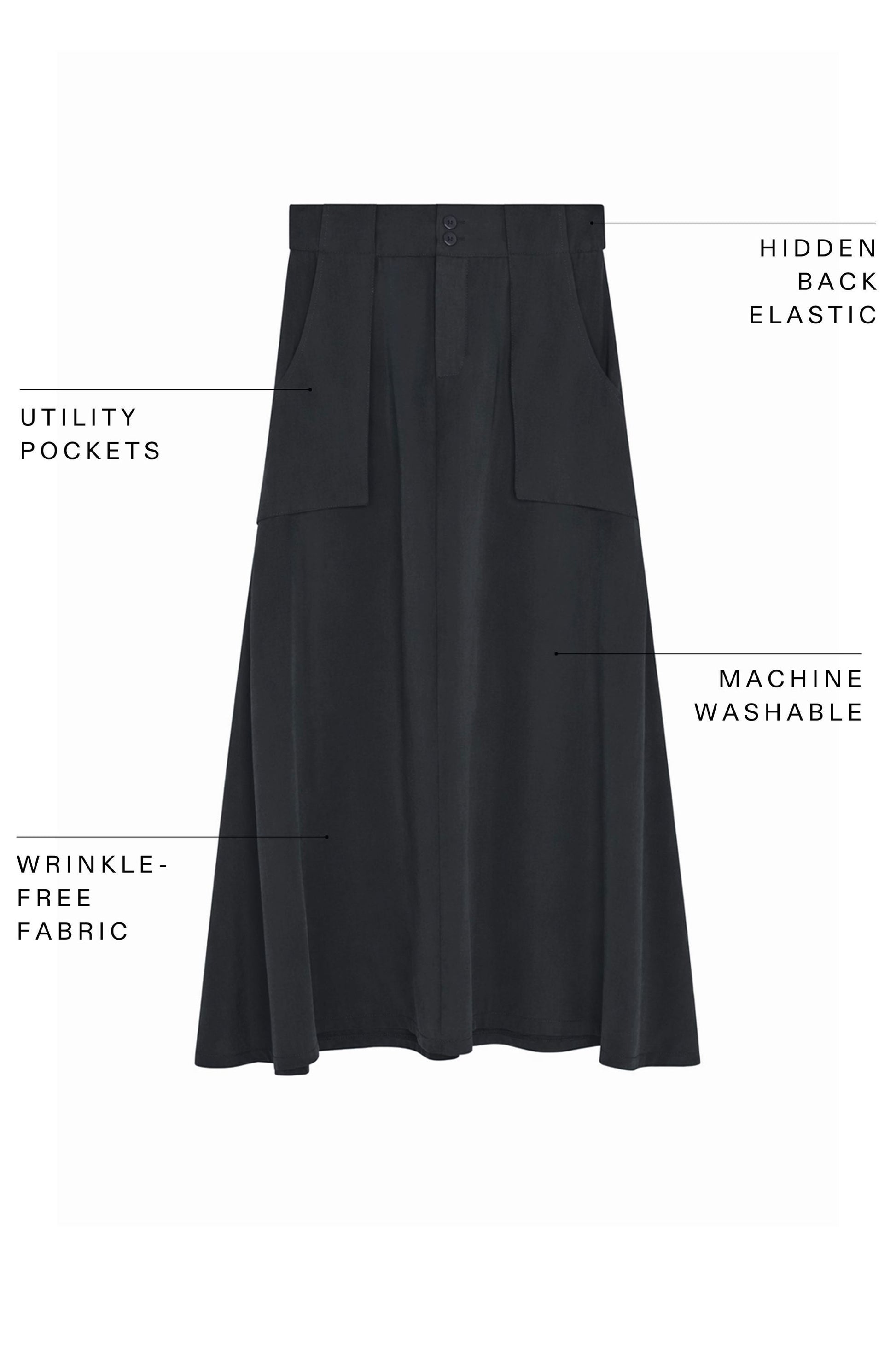 Black utility midi skirt with pleated front, cargo pockets, and wide waistband