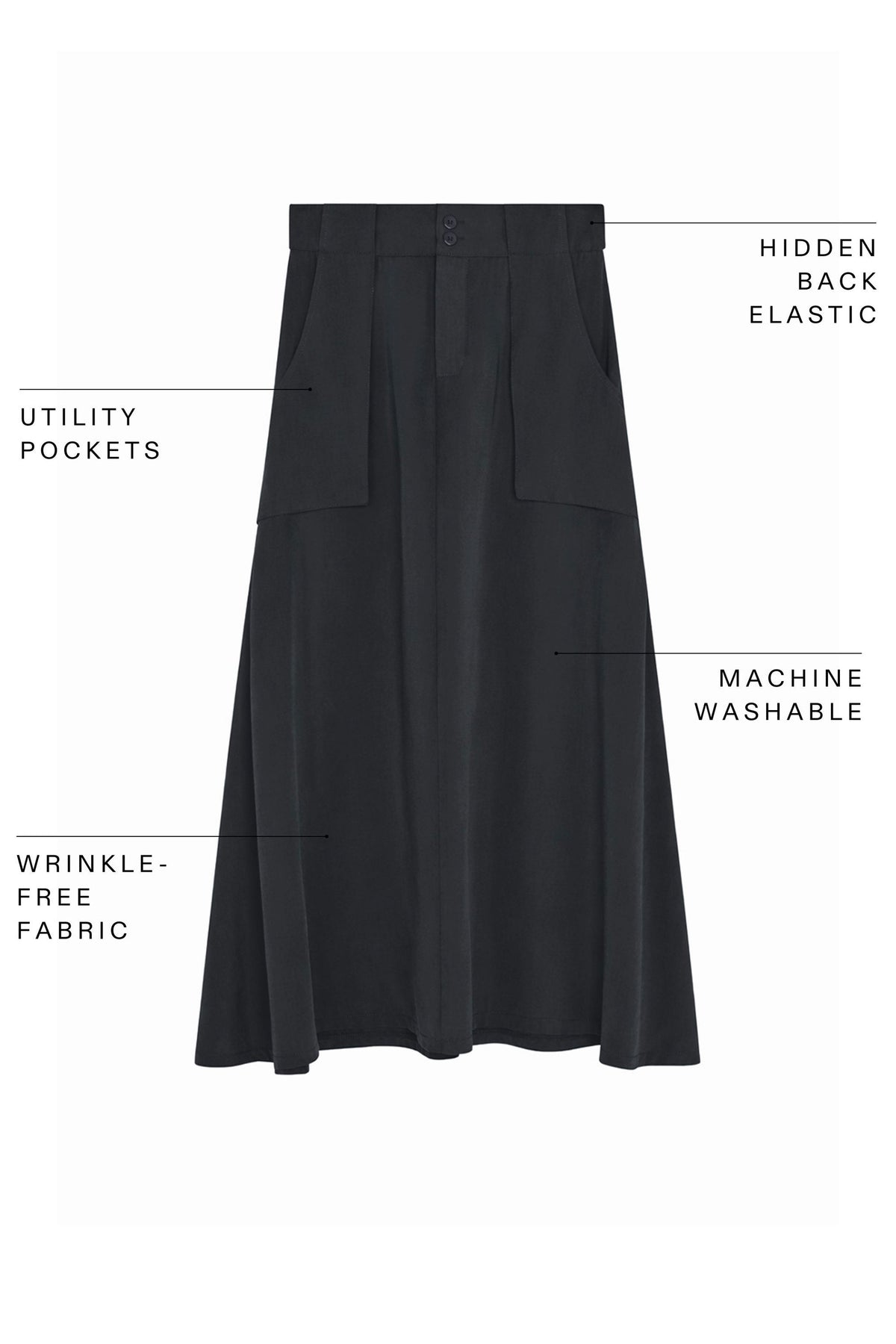 Black utility skirt flat lay, hidden back elastic, machine-washable fabric