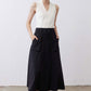 Black utility midi skirt with front buttons and cargo pockets, wide waistband