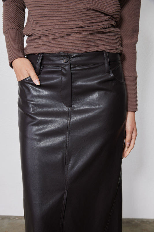 Dark chocolate vegan leather A-line skirt with front zipper and panel stitching