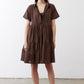 Dark brown poplin dress with short sleeves and tiered skirt, front view