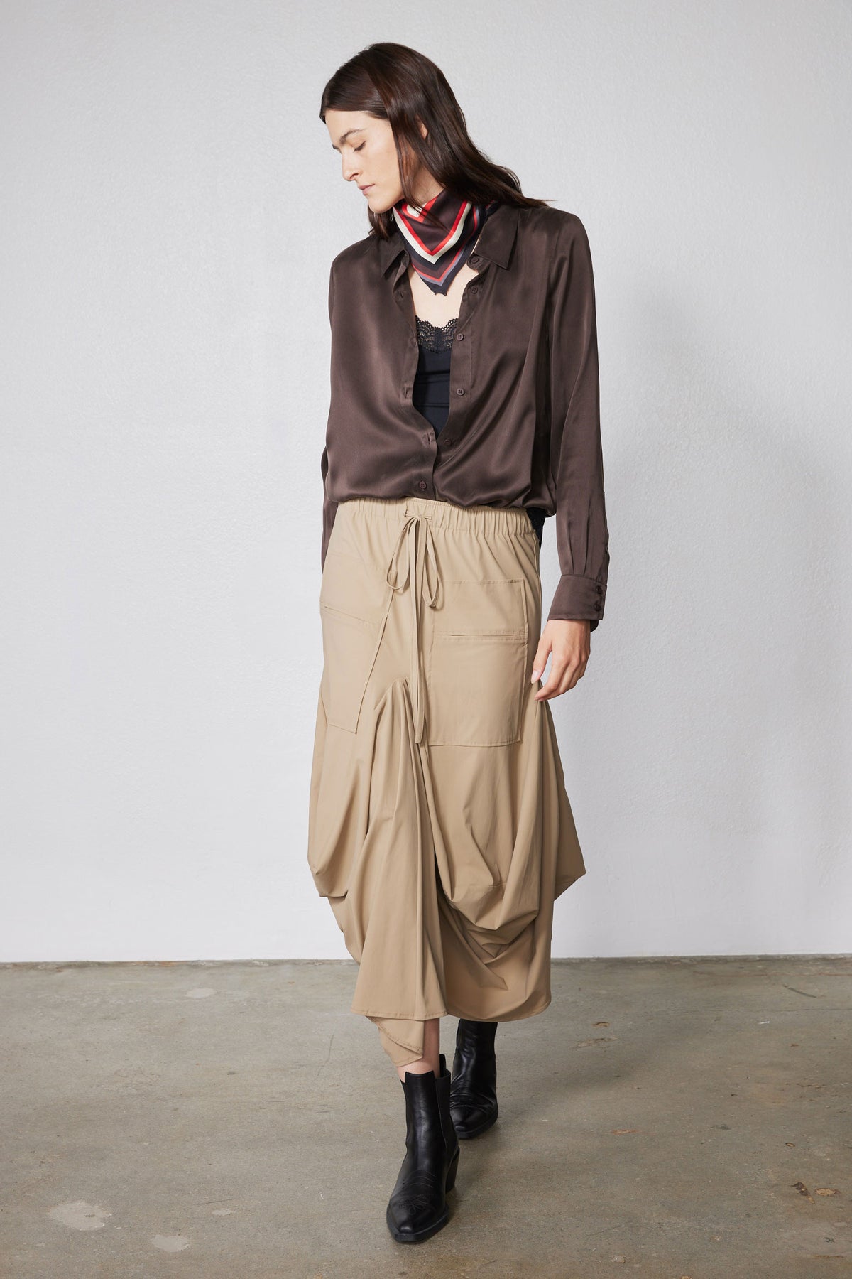 Coffee brown silk button-down top with long sleeves and button front