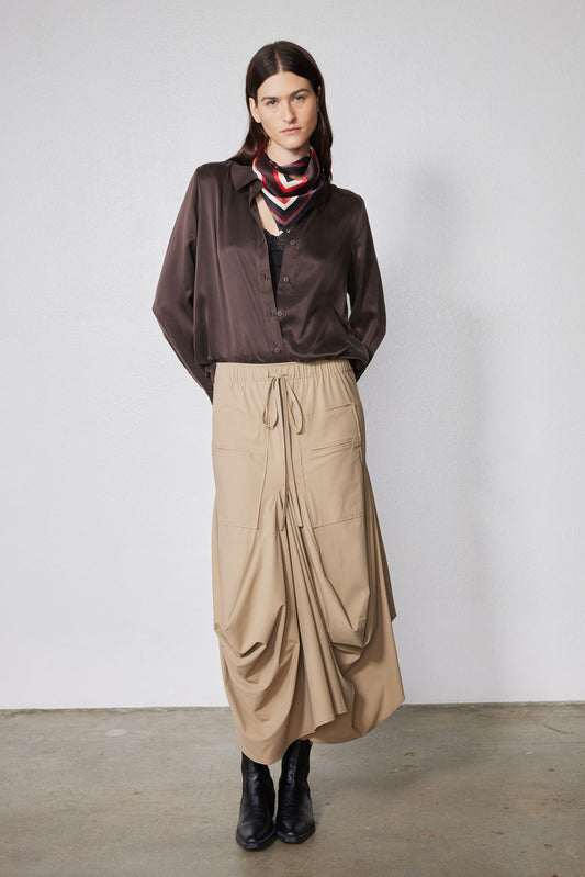 Coffee brown silk button-down top with scarf-style neck detail and long sleeves