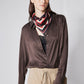 Coffee brown silk button-down top with long sleeves and front buttons