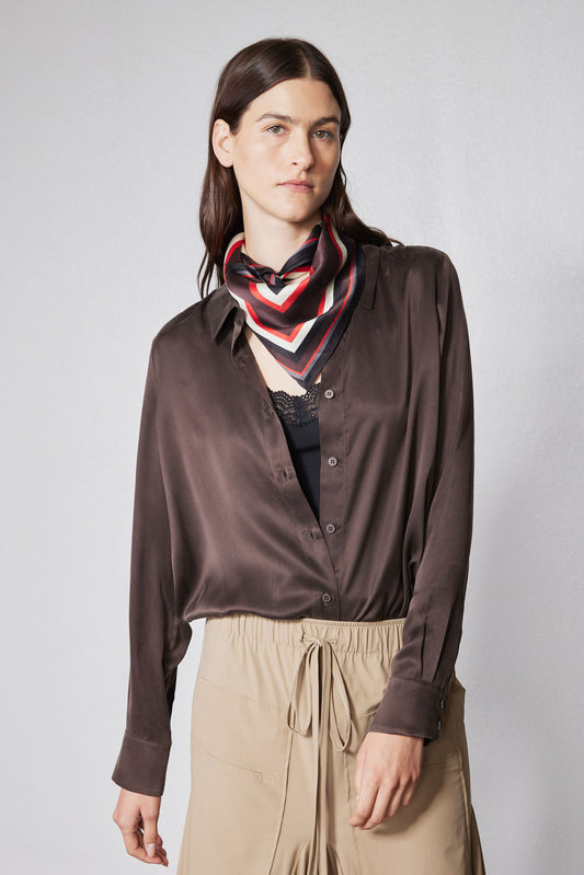 Coffee brown silk button-down top with long sleeves and front buttons