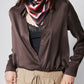 Coffee brown silk button-down top with front button placket and neck scarf detail