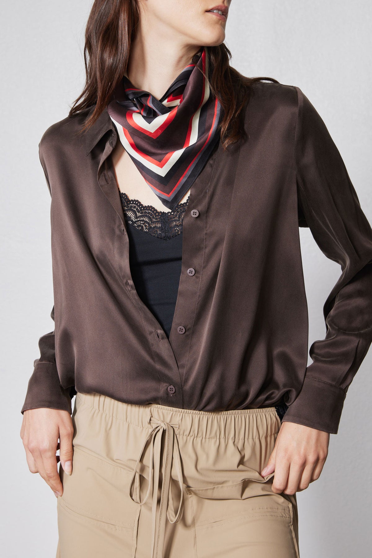 Coffee brown silk button-down top with front button placket and neck scarf detail