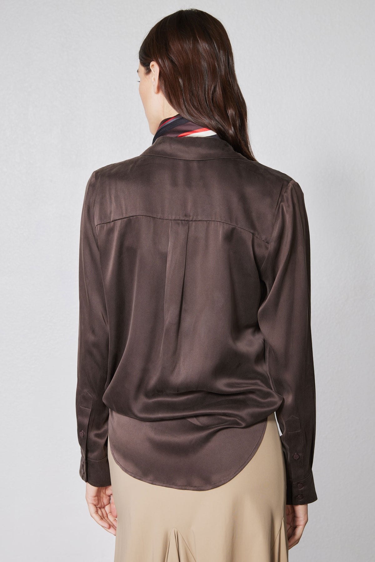 Coffee brown silk button-down top, back view, long sleeves and yoke seams