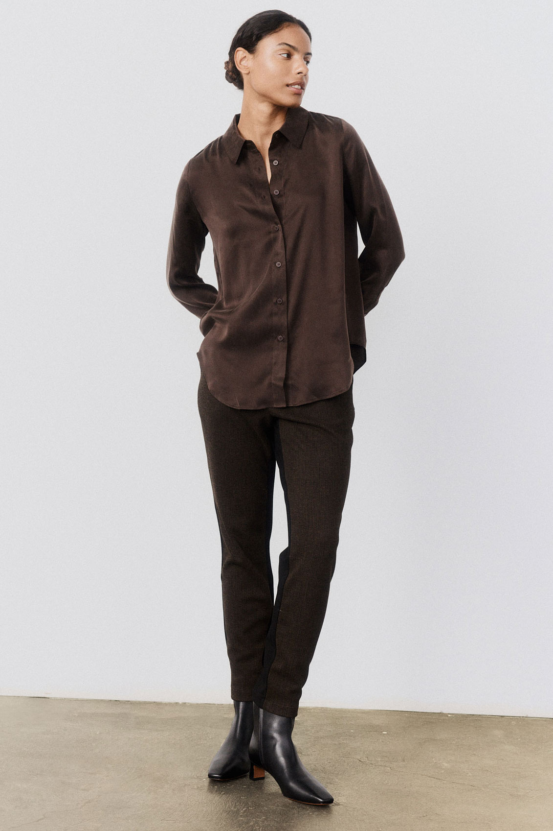 Coffee brown silk button-down top with point collar and front buttons