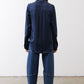 Dark blue silk button-down top, back view with collar and button detail