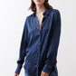 Dark blue silk button-down top front view with button placket and relaxed fit