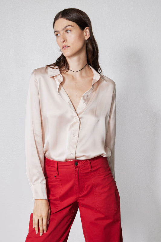 Peach blush silk button-down top with pointed collar, button placket, long sleeves