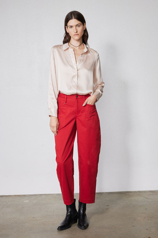 Peach blush silk button-down top, long sleeves with relaxed fit