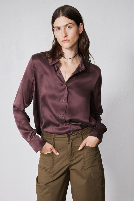 Deep plum silk button-down top with collar, long sleeves, and relaxed drape