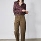 Silk button-down top in deep plum with collar and long sleeves, satin sheen