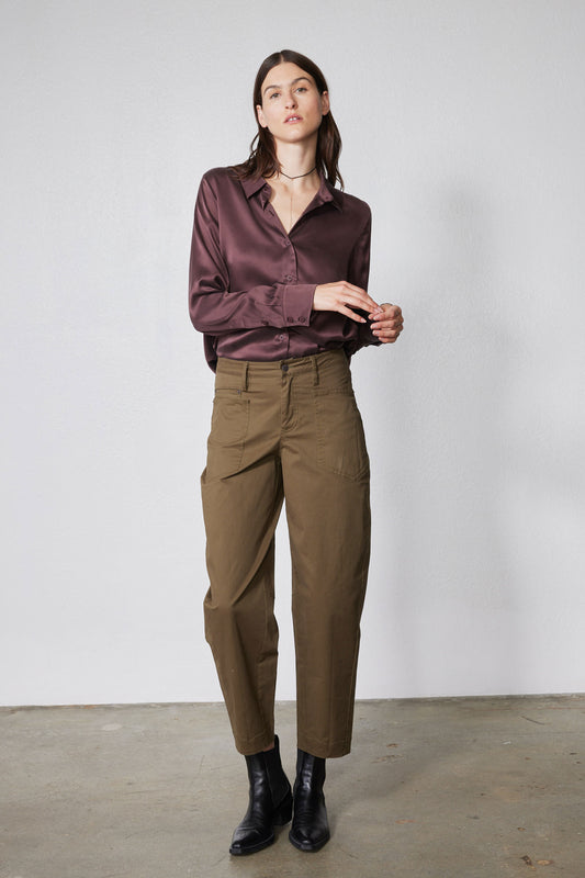 Silk button-down top in deep plum with collar and long sleeves, satin sheen