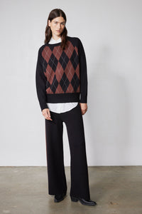Black lounge pants with wide leg and chestnut side stripe