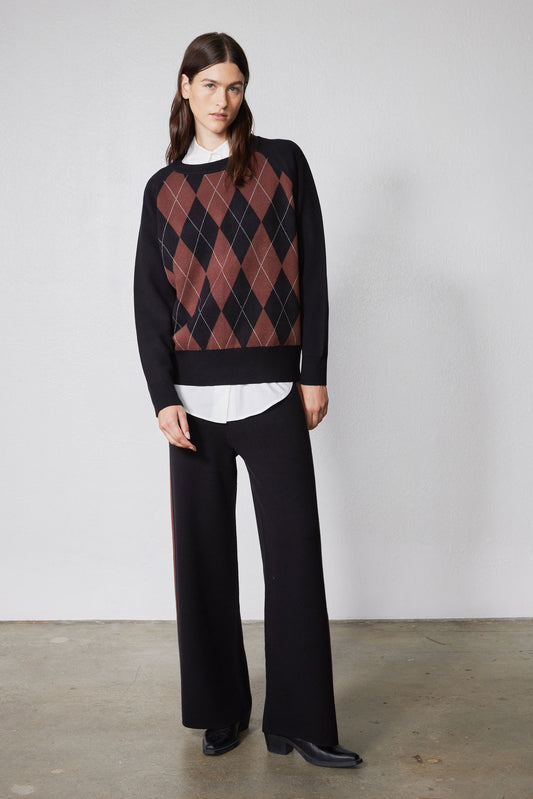 Black lounge pants with wide leg and chestnut side stripe