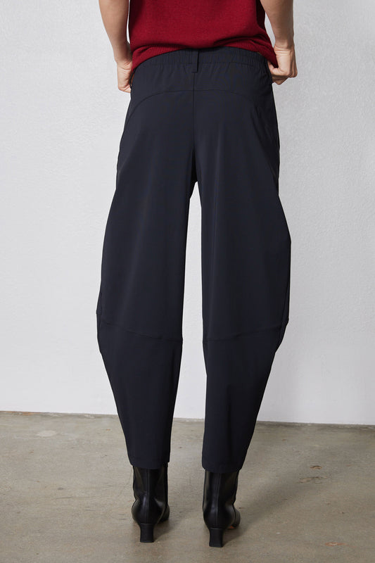 Wide-ish dark navy pants, back view with center seam and relaxed wide legs
