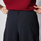 Dark navy wide pants close-up: gathered waistband with front seam details