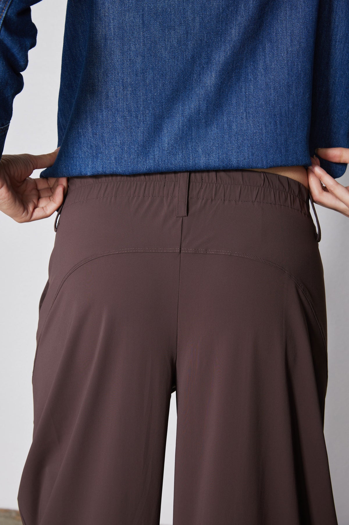 Coffee brown pants with soft gathered elastic waistband and side pockets